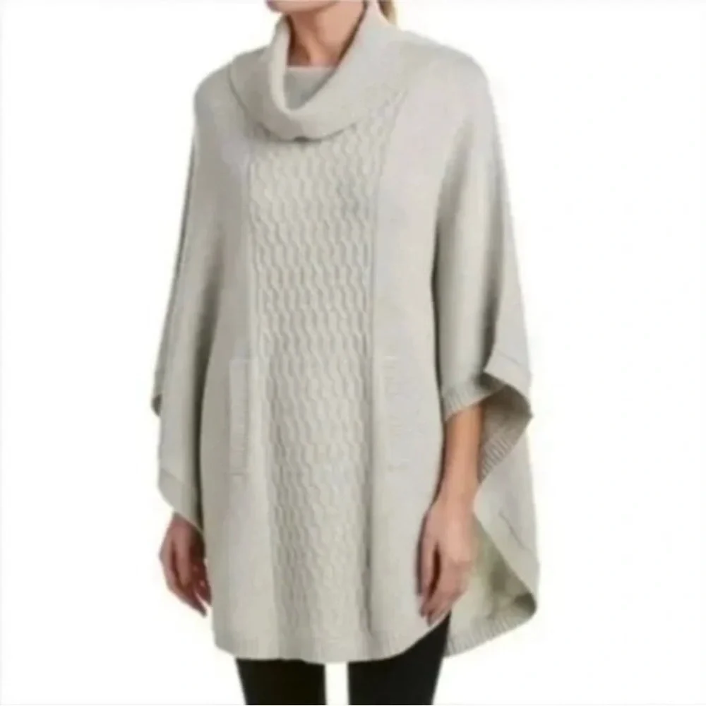 CAbi Cowl Neck Poncho Sweater Cable Knit 3003 Glacier Gray Medium Relaxed Cozy